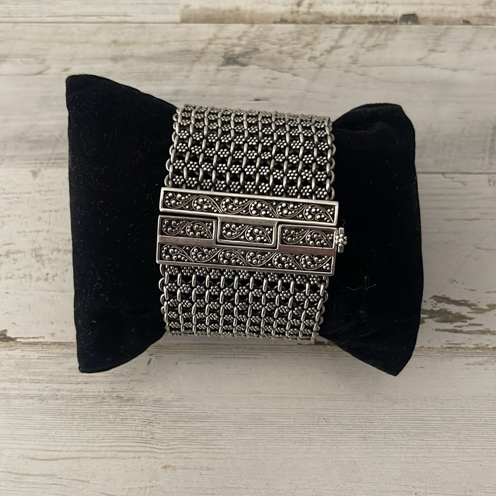 Lois Hill Sterling Silver Wide Woven Cuff Bracelet Granulated Scroll Clasp